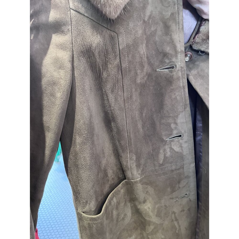 1960s Vintage Suede Coat With Mink Fur Collar Moonglow Buttons Satin Lining M - Picture 12 of 13